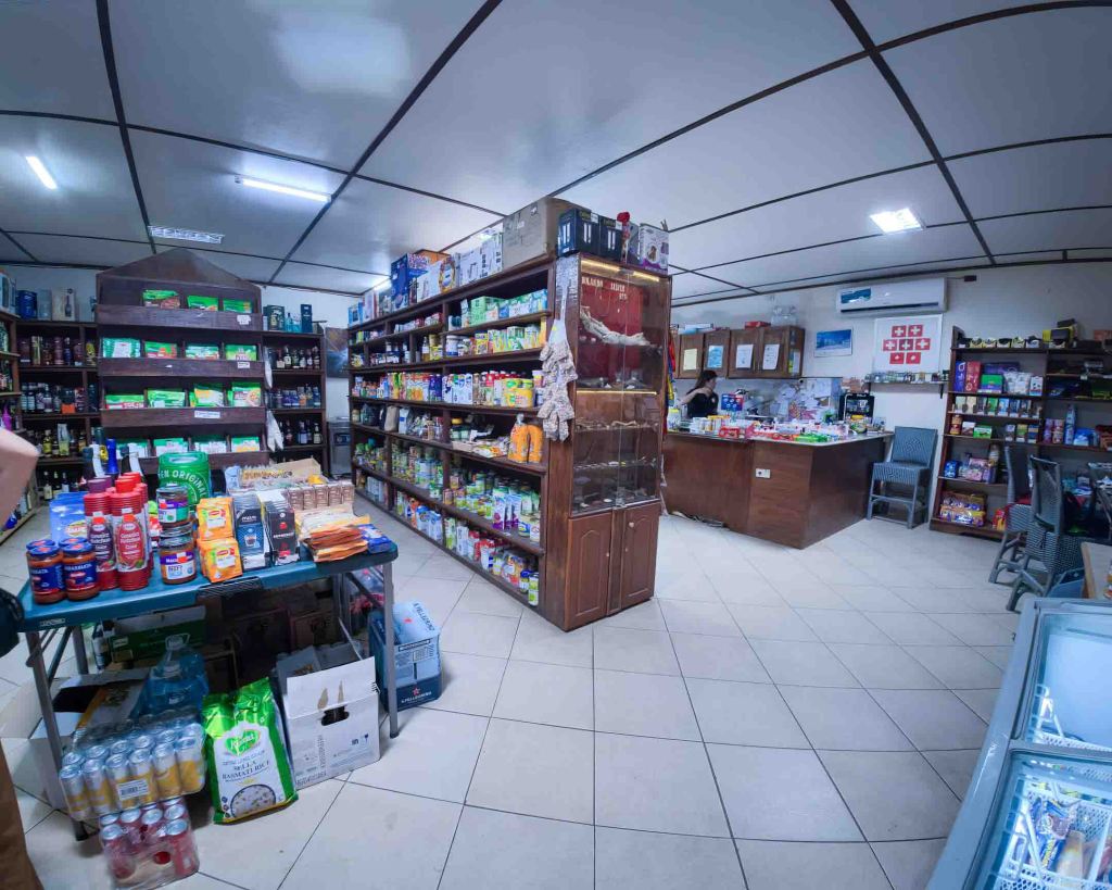 Wide interior view of the TipTop Delishop in Panglao, showcasing shelves stocked with imported European goods and specialty products.